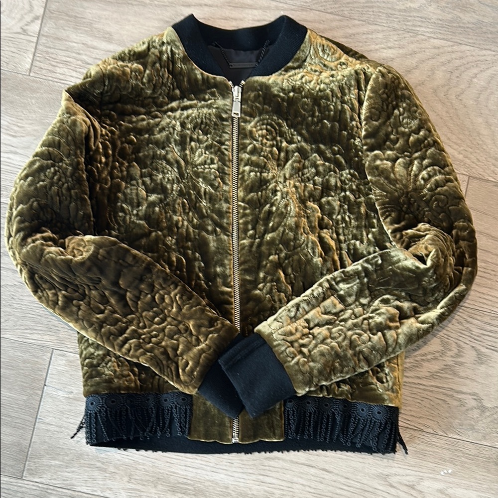 Elie Tahari Green Bomber Jacket with Velvet Fabric and Ribbed Details